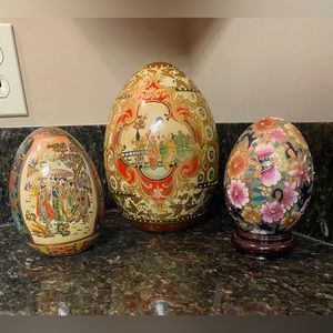 Porcelain Eggs Vintage Japanese Satsuma Style Ceramic Asian Beading